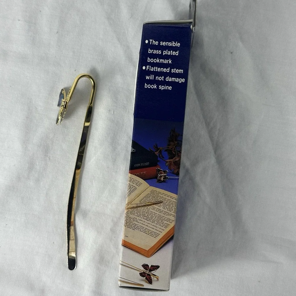 Vintage Solid Brass‎ Butterfly Bookmark Blue Enamel Book Mark w/ Box